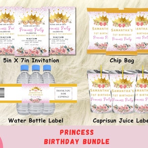 Princess Party Geburtstags-Bundle-Vorlage, die in Canva bearbeitet werden kann | Einladung | Chip Tasche | Geburtstag Wasserflasche Etikett | Caprisun Saft Label