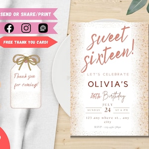 Süße 16 Glitzer-Geburtstags-Party-Einladung | Bearbeitbare Vorlage Geburtstagseinladung | Gastgeschenk | Minimalistischer Geburtstag | Rose Gold Geburtstag
