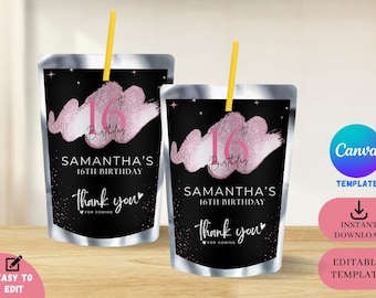 Caprisun Juice Label Template | Black Pink Birthday | 16th Birthday | Sweet 16 | Juice pouch label | Party favor | caprisun template | canva