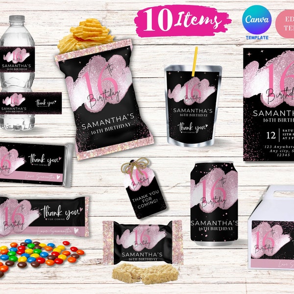 Black Pink Sweet 16 Birthday Bundle Editable Template | Party Favors Template | Black Pink Glitters | 16th Birthday | Canva Template
