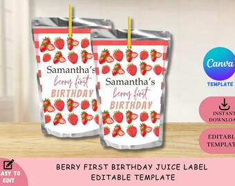 EDITABLE Berry First Birthday Caprisun Juice Label Sticker | Canva Template | First Birthday for her | Party Favor Template | Birthday Party