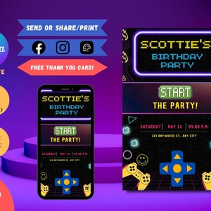 Gamer Birthday Party Invitation Editable Template in Canva | Instant Download Canva Template | Easy to Edit Birthday Template | Neon Game