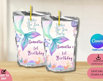 EDITABLE Mermaid Birthday Caprisun Juice Label Template | Under the sea Birthday | Caprisun Juice label sticker | Party Favor Template Canva