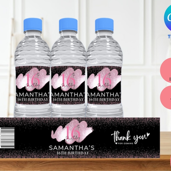 Minimalist Sweet 16 Black Pink Birthday Water Bottle Label Editable Template | Digital Product | Party Favor | Glitter Birthday