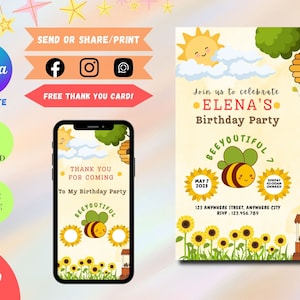 Bee Birthday Invitation | Instant Download | Editable Template | HoneyBees Birthday Invitation Canva Template | Sunflower | Yellow Birthday