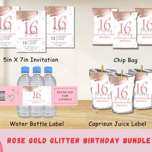 Minimalist Rose Gold Glitter Birthday Bundle Template | Party Favor Bundle Template | Editable Template | White & Pink Birthday | Sweet 16