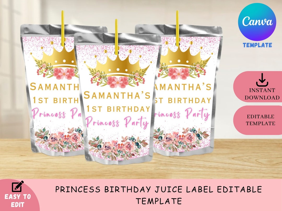 Caprisun Label Template Princess Editable in Canva Princess Birthday ...
