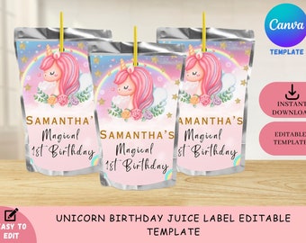Unicorn Caprisun Juice Label Editable Template Birthday Party Favors Template Girl Birthday Caprisun Labels Template | INSTANT DOWNLOAD