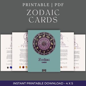 Può includere: Un set di carte dello Zodiaco stampabili, con una carta turchese con un grafico zodiacale circolare. Le carte mostrano simboli astrologici e testo, con "Zodiac Cards" scritto sul fronte. L'immagine include anche il testo "Printable | PDF" e "Instant Printable Download - 4 x 5".