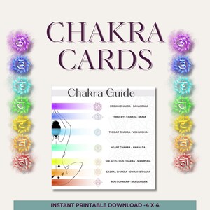 May include: A digital print titled "Chakra Cards" with the text "Chakra Guide." The image features a stylized illustration of a person and the seven chakras, each represented by a color and symbol. The text "Instant Printable Download -4 X 4" is at the bottom.
