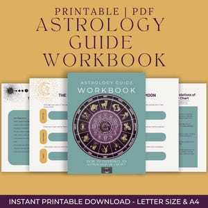 May include: A teal Astrology Guide Workbook with a circular zodiac chart on the cover, and several open pages. The text reads "Printable PDF Astrology Guide Workbook" and "How to Interpret an Astrological Chart". The bottom text reads "Instant Printable Download - Letter Size & A4".