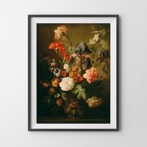 Vintage Moody Flower Painting Art Print / Dark Floral Still Life Oil Painting / Dark Academia Decor / Arte antiguo digital imprimible