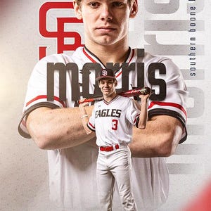 May include: A baseball player in a white jersey with red and black trim, holding a bat. The jersey has the word "EAGLES" and the number "3" on it. The player is standing in front of a larger image of another baseball player wearing a white jersey with red and black trim. The larger image has the word "morris" in large black letters and the letters "SB" in red on a black baseball cap. The text "southern boone baseball" is on the right side of the image.