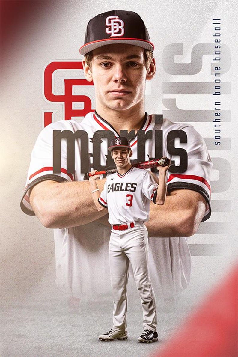 May include: A baseball player in a white jersey with red and black trim, holding a bat. The jersey has the word "EAGLES" and the number "3" on it. The player is standing in front of a larger image of another baseball player wearing a white jersey with red and black trim. The larger image has the word "morris" in large black letters and the letters "SB" in red on a black baseball cap. The text "southern boone baseball" is on the right side of the image.