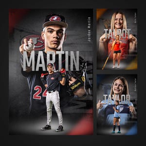 May include: A composite image featuring a baseball player with the name "MARTIN" in large letters. The image also includes two female athletes, one holding a pole and the other holding a trophy, with the names "TALBOT" and "TAYLOR".