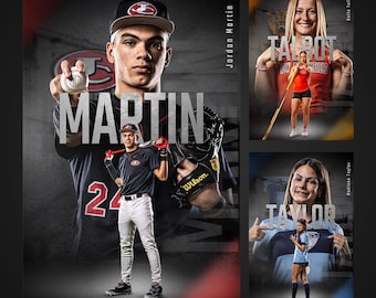 Könnte beinhalten: Ein zusammengesetztes Bild mit einem Baseballspieler mit dem Namen "MARTIN" in großen Buchstaben. Das Bild enthält auch zwei Athletinnen, eine mit einer Stange und die andere mit einer Trophäe, mit den Namen "TALBOT" und "TAYLOR".