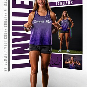 May include: A young woman wearing a purple and white striped tank top with the text "Zumwalt West" on it, black shorts, and teal running shoes. She is holding the tank top up in front of her. The background is a purple and white wall with the text "JAGUARS" and "FT. ZUMWALT WEST CROSS COUNTRY & TRACK INVITE" on it. There are also two smaller images of the woman in different poses.