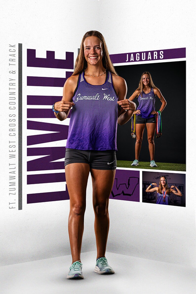 May include: A young woman wearing a purple and white striped tank top with the text "Zumwalt West" on it, black shorts, and teal running shoes. She is holding the tank top up in front of her. The background is a purple and white wall with the text "JAGUARS" and "FT. ZUMWALT WEST CROSS COUNTRY & TRACK INVITE" on it. There are also two smaller images of the woman in different poses.
