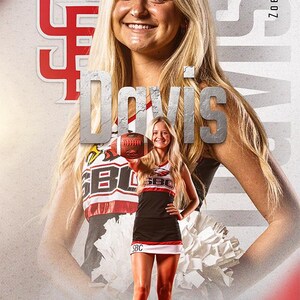 May include: A young woman in a black and red cheerleading uniform holds a football. She is smiling and looking at the camera. The background is a blurred image of a woman with long blonde hair. The text "Davis" is written in large letters across the image. The text "Zoey Davis" is written in smaller letters in the upper right corner of the image.