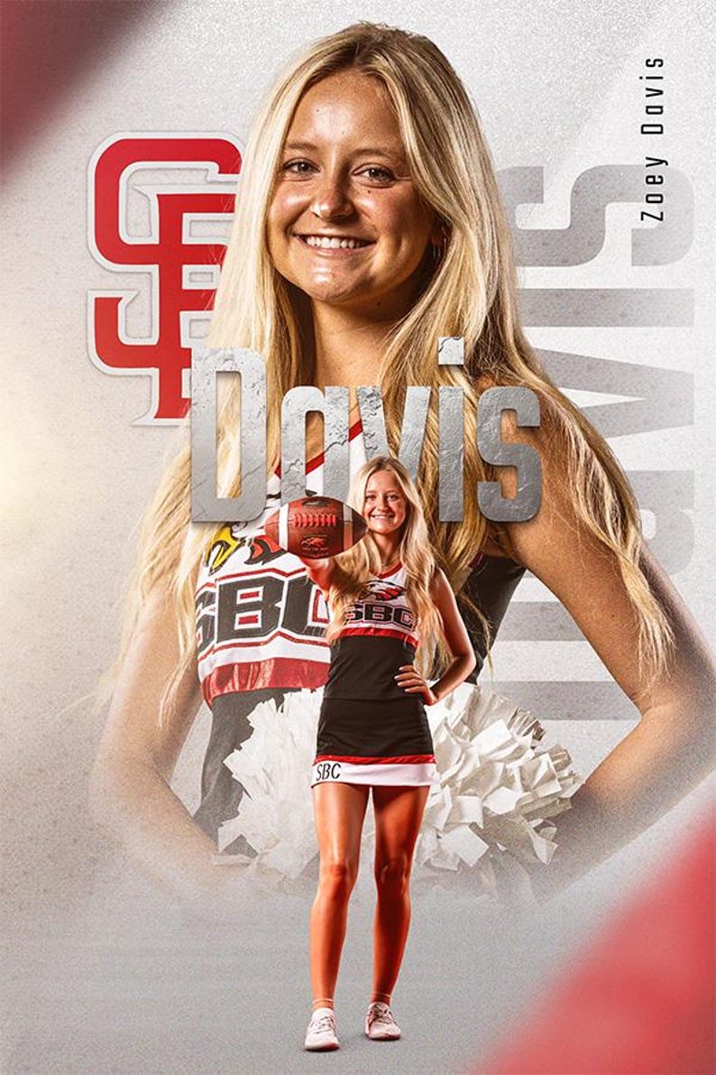 May include: A young woman in a black and red cheerleading uniform holds a football. She is smiling and looking at the camera. The background is a blurred image of a woman with long blonde hair. The text "Davis" is written in large letters across the image. The text "Zoey Davis" is written in smaller letters in the upper right corner of the image.