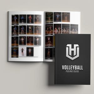 May include: An open book with volleyball action photos and a black book titled "VOLLEYBALL POSING GUIDE." The guide has a silver logo and text. The book is on a white surface.