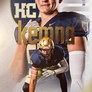 May include: A young man wearing a blue and gold football jersey with the text "HC" on the front and the text "Kemmo" in gold letters across the chest. He is standing with his arm around a younger football player wearing a blue and gold jersey with a helmet and holding a football.