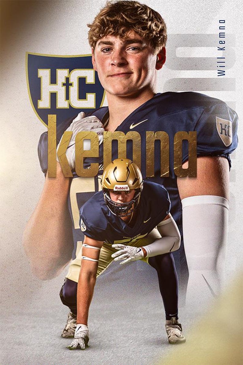May include: A young man wearing a blue and gold football jersey with the text "HC" on the front and the text "Kemmo" in gold letters across the chest. He is standing with his arm around a younger football player wearing a blue and gold jersey with a helmet and holding a football.