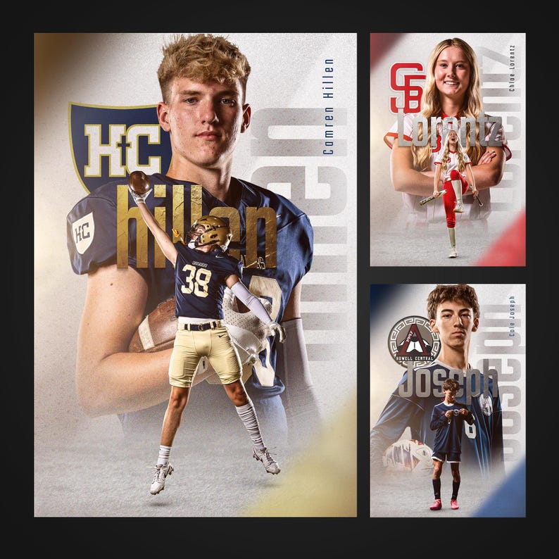 May include: Three high school sports team portraits. A young man in a blue and gold football uniform with the text "Comren Hillen" on the right side of the image. A young woman in a red and white softball uniform with the text "Elyon Lorentz" on the right side of the image. A young man in a blue and white soccer uniform with the text "Cole Joseph" on the right side of the image.