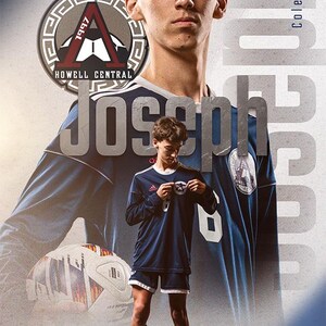 May include: A young man in a blue soccer jersey with the text "Howell Central" and "1997" on the logo. He is holding a soccer ball and has a serious expression on his face. The text "Cole Joseph" is written vertically on the right side of the image.