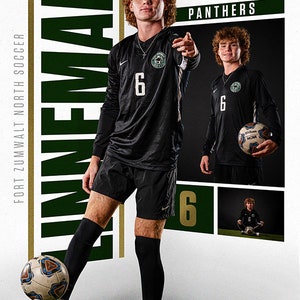 May include: A young man in a black and green soccer uniform with the number 6 on the front. He is holding a soccer ball and is looking at the camera. The background is a white wall with the words "PANTHERS" and "FORT ZUMWALT NORTH SOCCER" written on it.