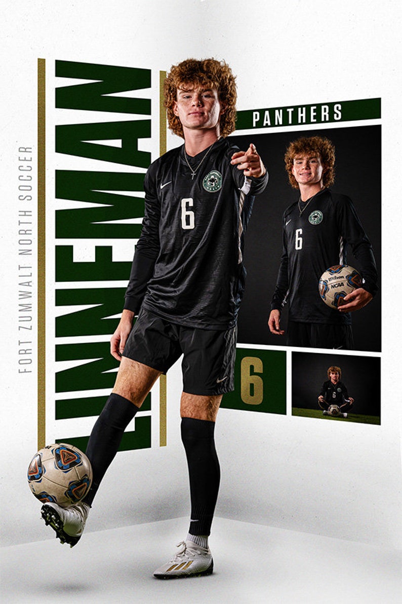 May include: A young man in a black and green soccer uniform with the number 6 on the front. He is holding a soccer ball and is looking at the camera. The background is a white wall with the words "PANTHERS" and "FORT ZUMWALT NORTH SOCCER" written on it.