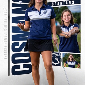 May include: A woman in a blue and white golf shirt and black skirt holds a golf ball in her hand. She is standing in front of a white wall with the word "COSMANO" written in large blue letters. The wall also has the words "FRANCIS HOWELL CENTRAL GOLF" written in smaller blue letters. The woman is smiling and looking at the camera. The background includes a photo of the woman swinging a golf club and another photo of her standing on a golf course.