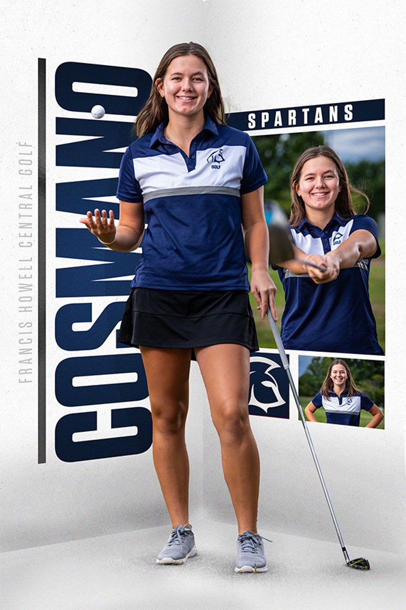 May include: A woman in a blue and white golf shirt and black skirt holds a golf ball in her hand. She is standing in front of a white wall with the word "COSMANO" written in large blue letters. The wall also has the words "FRANCIS HOWELL CENTRAL GOLF" written in smaller blue letters. The woman is smiling and looking at the camera. The background includes a photo of the woman swinging a golf club and another photo of her standing on a golf course.