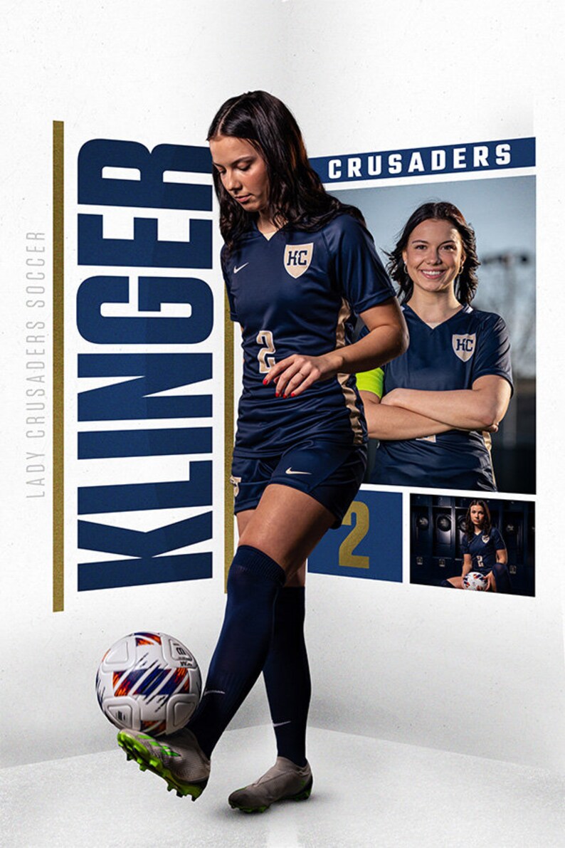 May include: A female soccer player in a blue and gold uniform with the number 2 on the front, juggling a soccer ball. The player is standing in a corner of a room with a white wall and a gold and blue banner that says "LADY CRUSADERS SOCCER" and "KLINGER" in large letters. The banner also has the word "CRUSADERS" in gold letters.