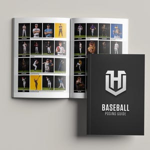 May include: A black and white guide with the text "BASEBALL POSING GUIDE" and a silver logo of a stylized "H" inside a shield. The guide is open to a page with photos of baseball players in various poses.