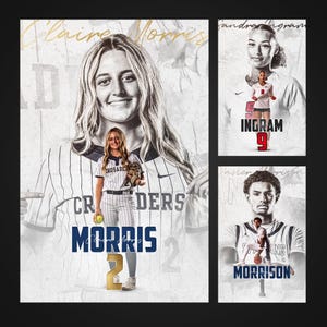 May include: Three sports posters featuring athletes. The main poster showcases Claire Morris, a softball player, with her name and number 2. The other posters feature Sandra Ingram and Xavier Morrison, with their names and numbers.