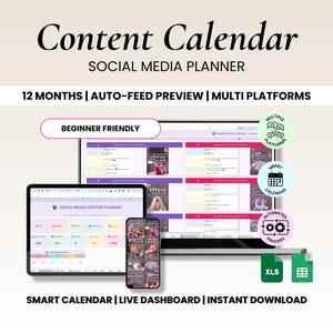 Könnte beinhalten: Ein digitaler Content-Kalender, der auf einem Laptop, Tablet und Smartphone angezeigt wird. Der Text lautet "Content Calendar Social Media Planner" und enthält Funktionen wie "12 Monate", "Auto-Feed-Vorschau" und "Multi-Plattformen".