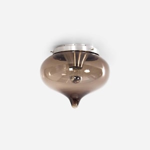 Può includere: Un lampadario a soffitto in vetro marrone con una base in metallo argentato. Il lampadario ha la forma di una lacrima.