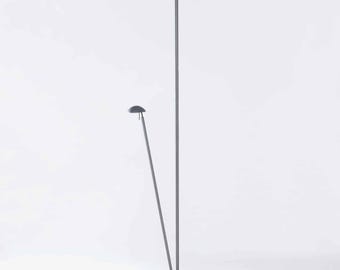 Może przedstawiać: Srebrna lampa podłogowa z dwoma regulowanymi ramionami i czarną podstawą. Lampa ma nowoczesny design i idealnie nadaje się do oświetlenia salonu lub sypialni.