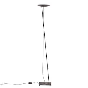 May include: A black floor lamp with a thin, angled stem and a circular shade. The lamp has a black cord and a small, round foot switch.