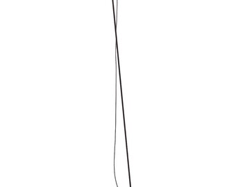 May include: A black floor lamp with a thin, angled stem and a circular shade. The lamp has a black cord and a small, round foot switch.