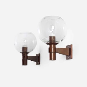 Pair of Copper Wall Lamps with Glass Ball in the Style of the Amsterdam School, ca. 1960