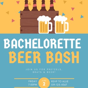 Peut inclure: Une invitation bleu et jaune pour un enterrement de vie de jeune fille avec le texte "Bachelorette Beer Bash". L'invitation comprend les détails de l'événement, y compris la date, l'heure et les informations RSVP.