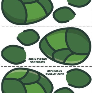 May include: A printable craft template for making a green asparagus bubble wand. The template includes three pieces: a large oval shape and two smaller oval shapes.