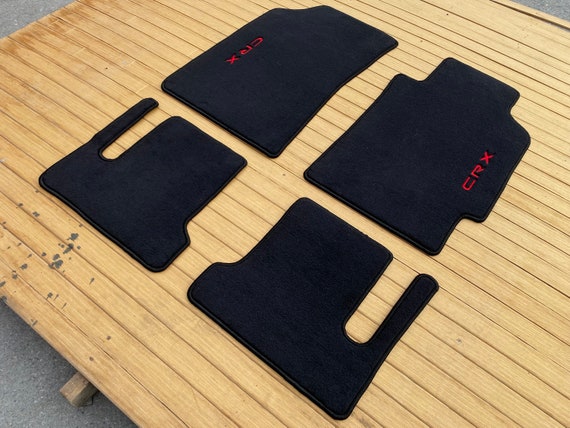RHD - Honda Civic CRX Floor Mats: Black Velour Carpet, Red Logo