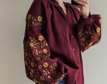 Burgundy linen blouse. Embroidery vyshyvanka. Folk Slavic. Ukrainian embroidered top. Natural fibers. Cultural heritage artisanal enspire