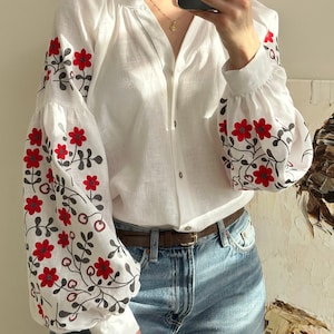 White linen blouse with traditional dark grey - red pattern. Ukrainian cultural embroidery. Folk embroidered garment. Natural superb fabric