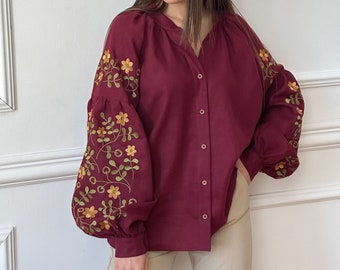 Burgundy linen blouse. Ukrainian embroidered top. Folk Slavic.  Embroidery vyshyvanka. Natural fibers. Cultural heritage artisanal enspire.