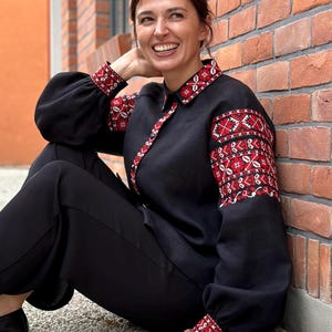 Black Polissya Embroidered Linen Blouse – Vyshyvanka Boho Chic, Ethnic Fashion, Puff Sleeves, Pure Linen Folk Style Handcrafted Piece of Art