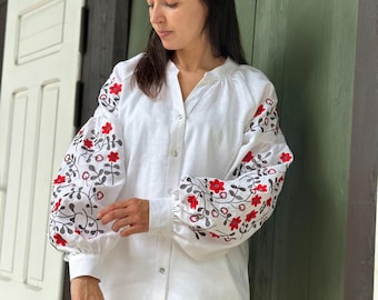 White linen blouse floral embroidery boho style bohemian top ethnic chic ukrainian vyshyvanka folk handmade shirt traditional pattern design